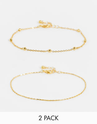 ASOS DESIGN 14k gold plate pack of 2 anklets with dot dash design in gold tone