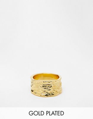Asos Design 14k Gold Plate Ring With Hammered Design In Gold Tone