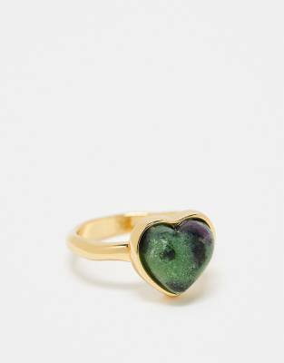 14k gold plate ring with real semi precious green agate molten heart with gift bag