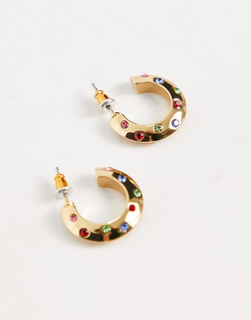 ASOS DESIGN 14k gold plated 12mm hoop earrings with multi color crystal design, 2 of 4