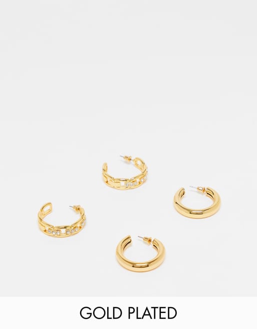 ASOS DESIGN 14k gold plated 2-pack hoops with tube and crystal chain design