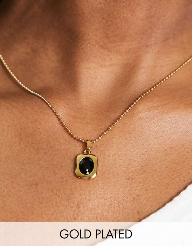 ASOS DESIGN 14k gold plated adjustable necklace with black stone pendant