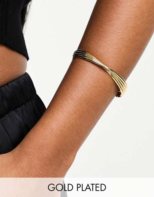 ASOS DESIGN 14k gold plated cuff bracelet in stacked twist design
