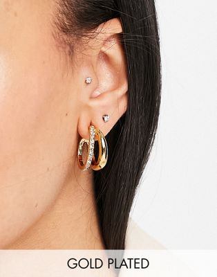 ASOS DESIGN  14k gold plated hoop earring in double row with crystal in gold tone | ASOS