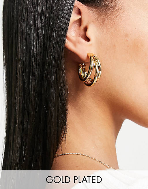 ASOS DESIGN 14k gold plated hoop earrings with triple row