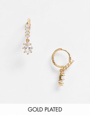 Asos Design 14k Gold Plated Huggie Hoop Earrings With Crystal Teardrop