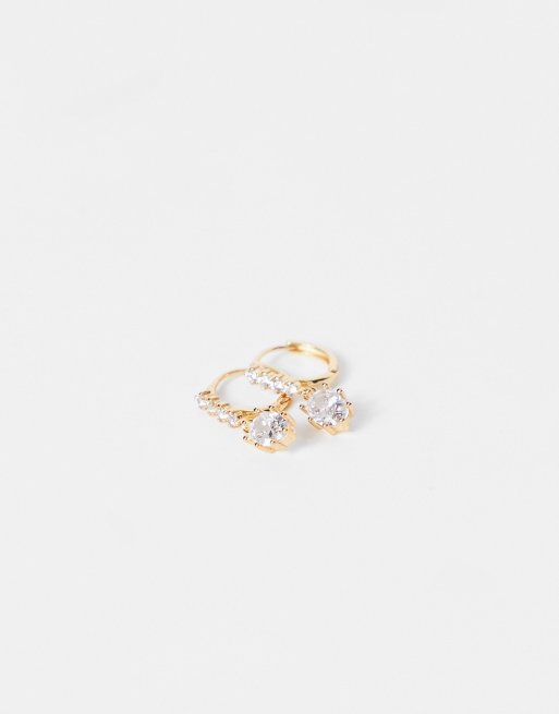 ASOS DESIGN 14k gold plated huggie hoop earrings with crystal teardrop