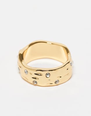 Asos Design 14k Gold Plated Molten Ring With Crystal Details In Gold