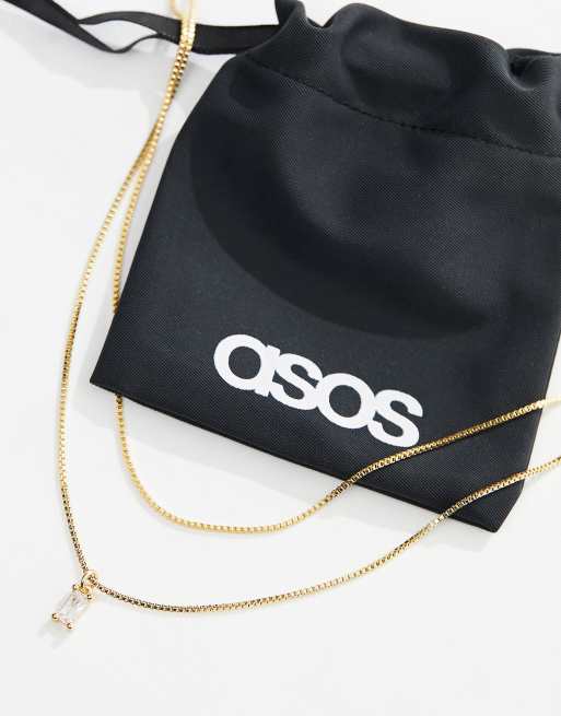 ASOS DESIGN 14k gold plated multi-row necklace with cubic zirconia charm with gift bag , 2 of 4