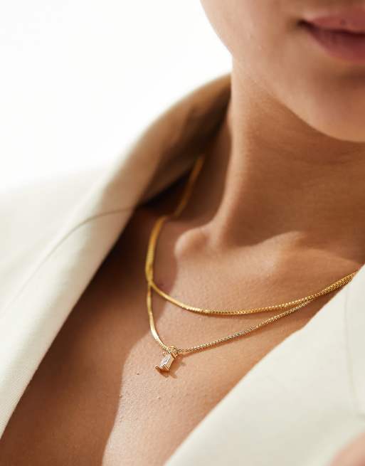 ASOS DESIGN 14k gold plated multi-row necklace with cubic zirconia charm with gift bag , 3 of 4