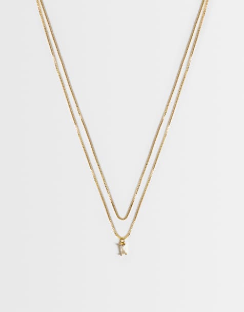 ASOS DESIGN 14k gold plated multi-row necklace with cubic zirconia charm with gift bag - view 1
