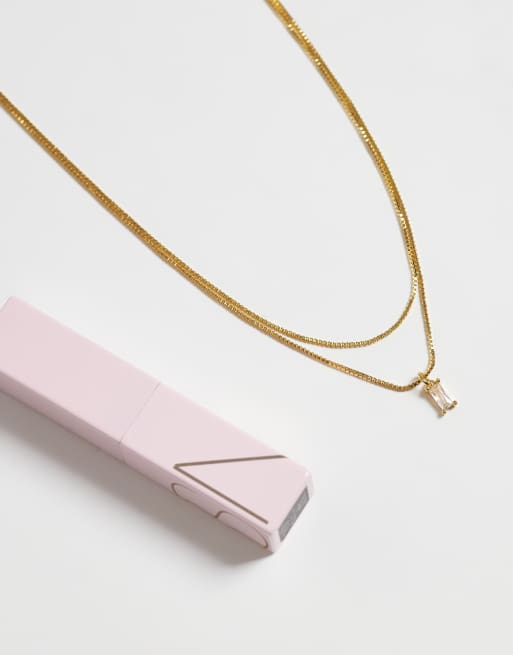 ASOS DESIGN 14k gold plated multi-row necklace with cubic zirconia charm with gift bag, 2 of 4