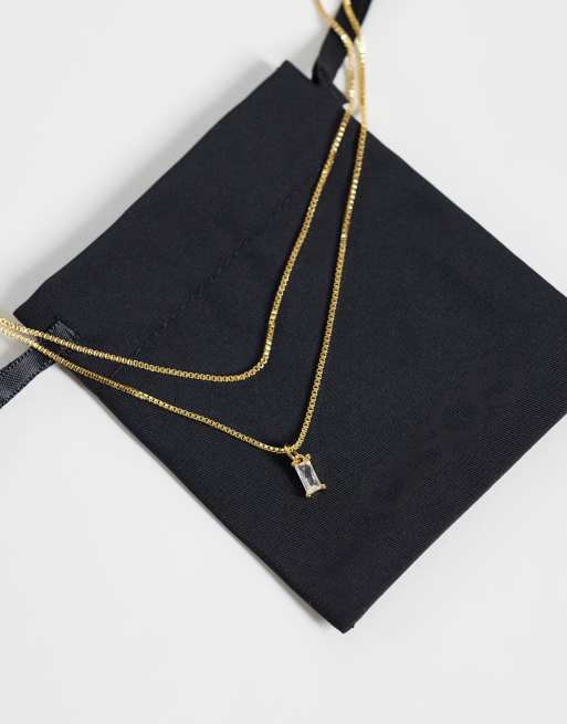 ASOS DESIGN 14k gold plated multi-row necklace with cubic zirconia charm with gift bag, 4 of 4