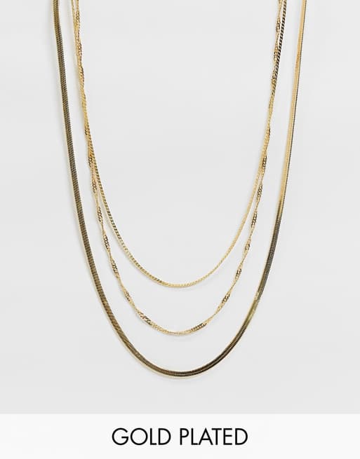 ASOS DESIGN 14k gold plated multirow necklace in fine curb and snake chains