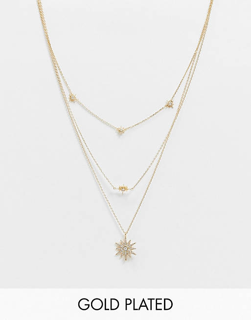 ASOS DESIGN 14k gold plated multirow necklace with crystal starburst pendants