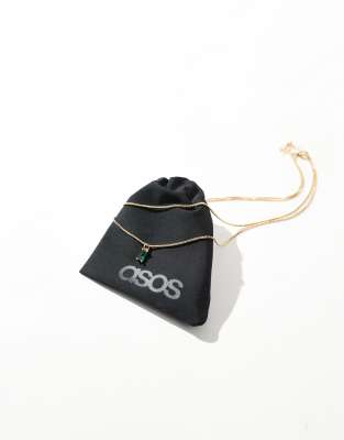 ASOS DESIGN 14k gold plated multirow necklace with emerald green charm with gift bag