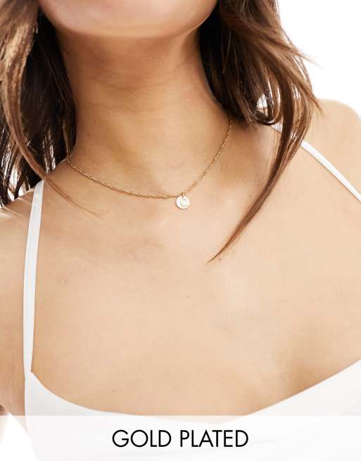 ASOS DESIGN 14k gold plated necklace with faux pearl disk with C initial with gift bag