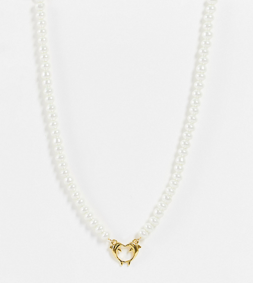 ASOS DESIGN 14k gold plated necklace with glass pearls and dolphin pendant