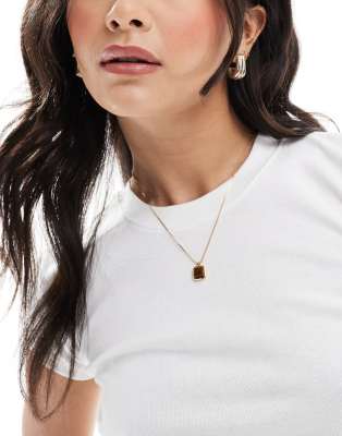 Asos Design 14k Gold Plated Necklace With Real Tigers Eye Pendant
