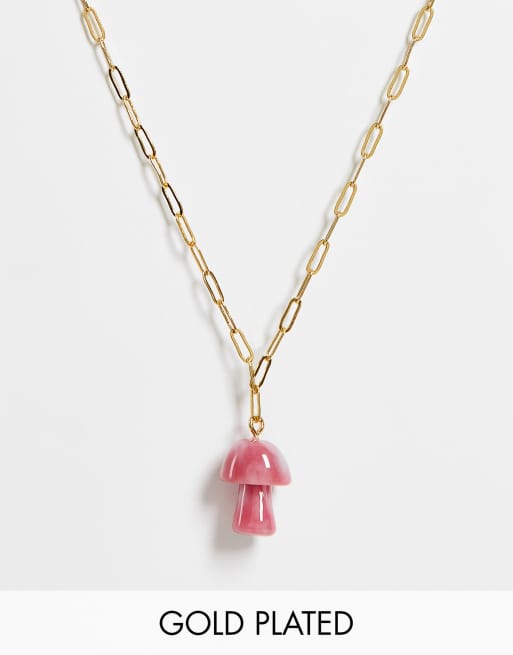 ASOS DESIGN 14k gold plated necklace with semi-precious mushroom pendant