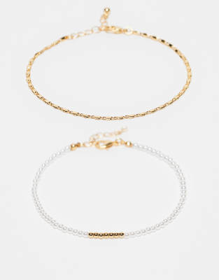 Asos Design 14k Gold Plated Pack Of 2 Anklets With Faux Pearl And Fine Chain Design
