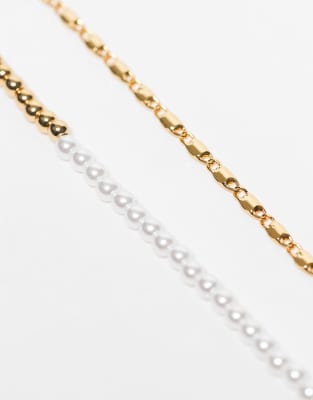 Asos Design 14k Gold Plated Pack Of 2 Anklets With Faux Pearl And Fine Chain Design In Gold