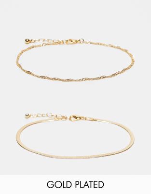 ASOS DESIGN ASOS DESIGN 14k gold plated pack of 2 anklets with snake and twist chain design