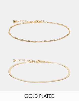 Asos Design 14k Gold Plated Pack Of 2 Anklets With Snake And Twist Chain Design