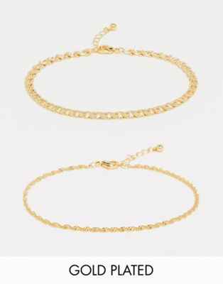 ASOS DESIGN 14k gold plated pack of 2 anklets with twist and curb chain design