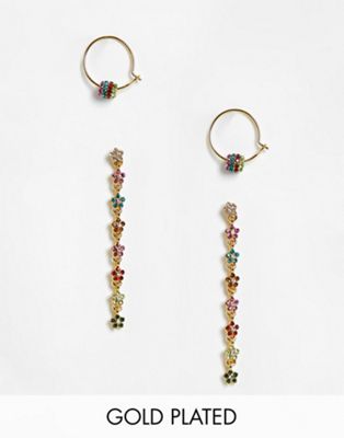 ASOS DESIGN 14k gold plated pack of 2 earrings with flower design in multicolour crystal - ASOS Price Checker
