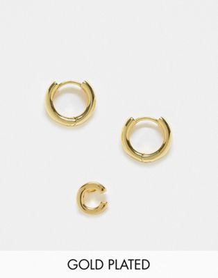 ASOS DESIGN 14k gold plated pack of 2 earrings with huggie and C initial