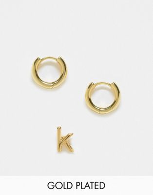ASOS DESIGN 14k gold plated pack of 2 earrings with huggie and K initial