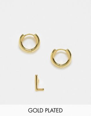 ASOS DESIGN 14k gold plated pack of 2 earrings with huggie and L initial