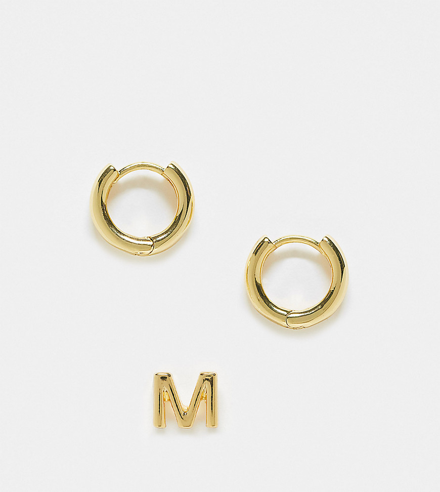 ASOS DESIGN 14k gold plated pack of 2 earrings with huggie and M initial