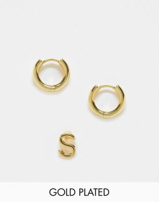 ASOS DESIGN 14k gold plated pack of 2 earrings with huggie and S initial