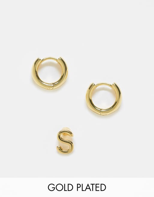 ASOS DESIGN 14k gold plated pack of 2 earrings with huggie and S initial