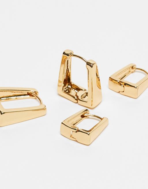 ASOS DESIGN 14k gold plated pack of 2 hoop earrings with square hinge detail, 3 of 4