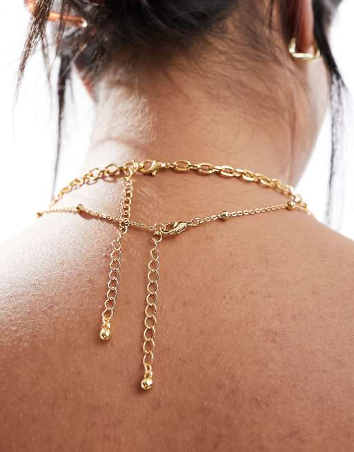 ASOS DESIGN 14k gold plated pack of 2 necklaces with fine dot dash and curb chain, 3 of 4