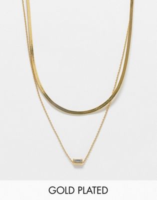 ASOS DESIGN 14k gold plated pack of 2 necklaces with snake and baguette design