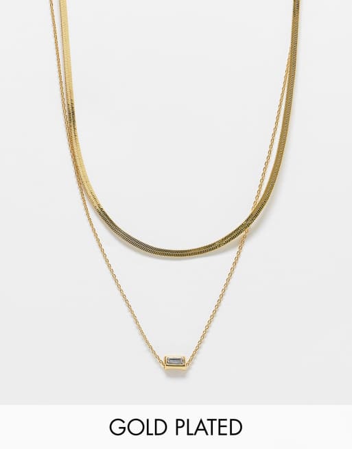 ASOS DESIGN 14k gold plated pack of 2 necklaces with snake and baguette
