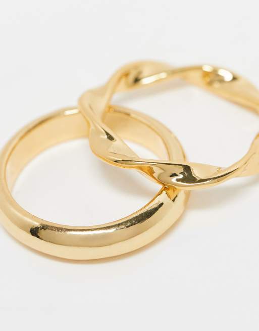 ASOS DESIGN 14k gold plated pack of 2 rings in minimal design, 2 of 3