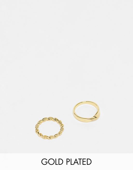  ASOS DESIGN 14k gold plated pack of 2 rings with twist design in gold tone