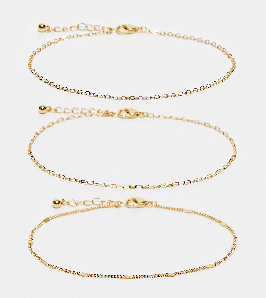 ASOS DESIGN 14k gold plated pack of 3 anklets with mixed chain design