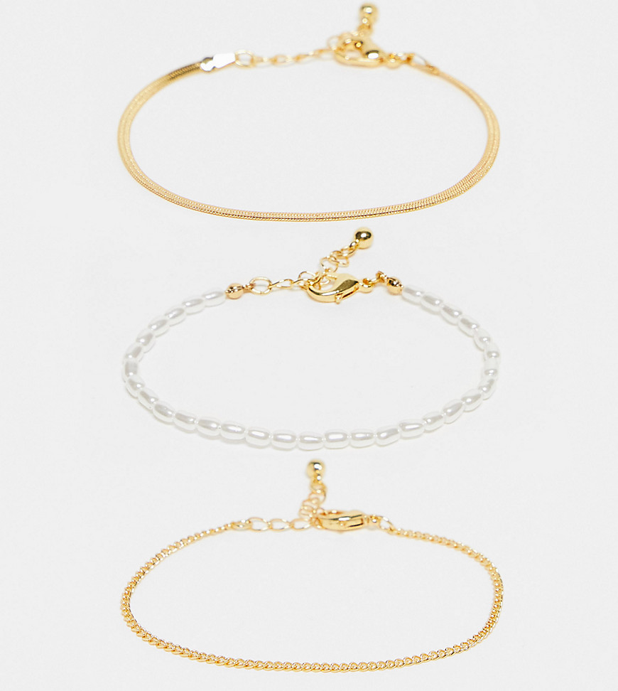 Asos Design 14K Gold Plated Pack Of 3 Bracelet With Faux Pearl And Chain In Gold Tone