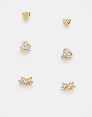 14k gold plated pack of 3 cubic zirconia stud earrings with gift bag