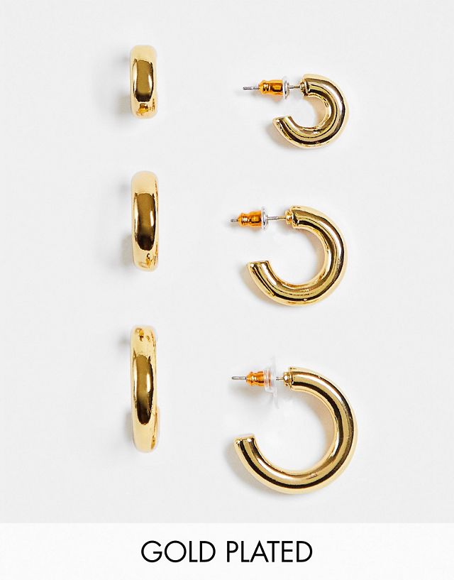 ASOS DESIGN 14k gold plated pack of 3 everyday hoop earrings