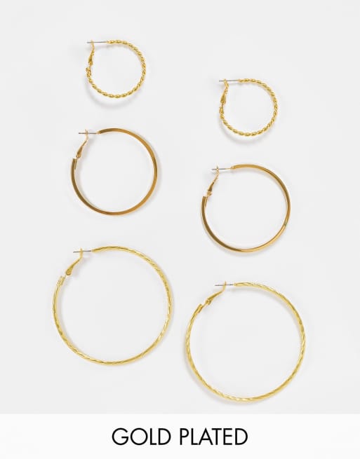 ASOS DESIGN 14k gold plated pack of 3 hoop earrings in fine mixed size