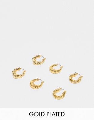 ASOS DESIGN 14k gold plated pack of 3 hoop earrings in twist design