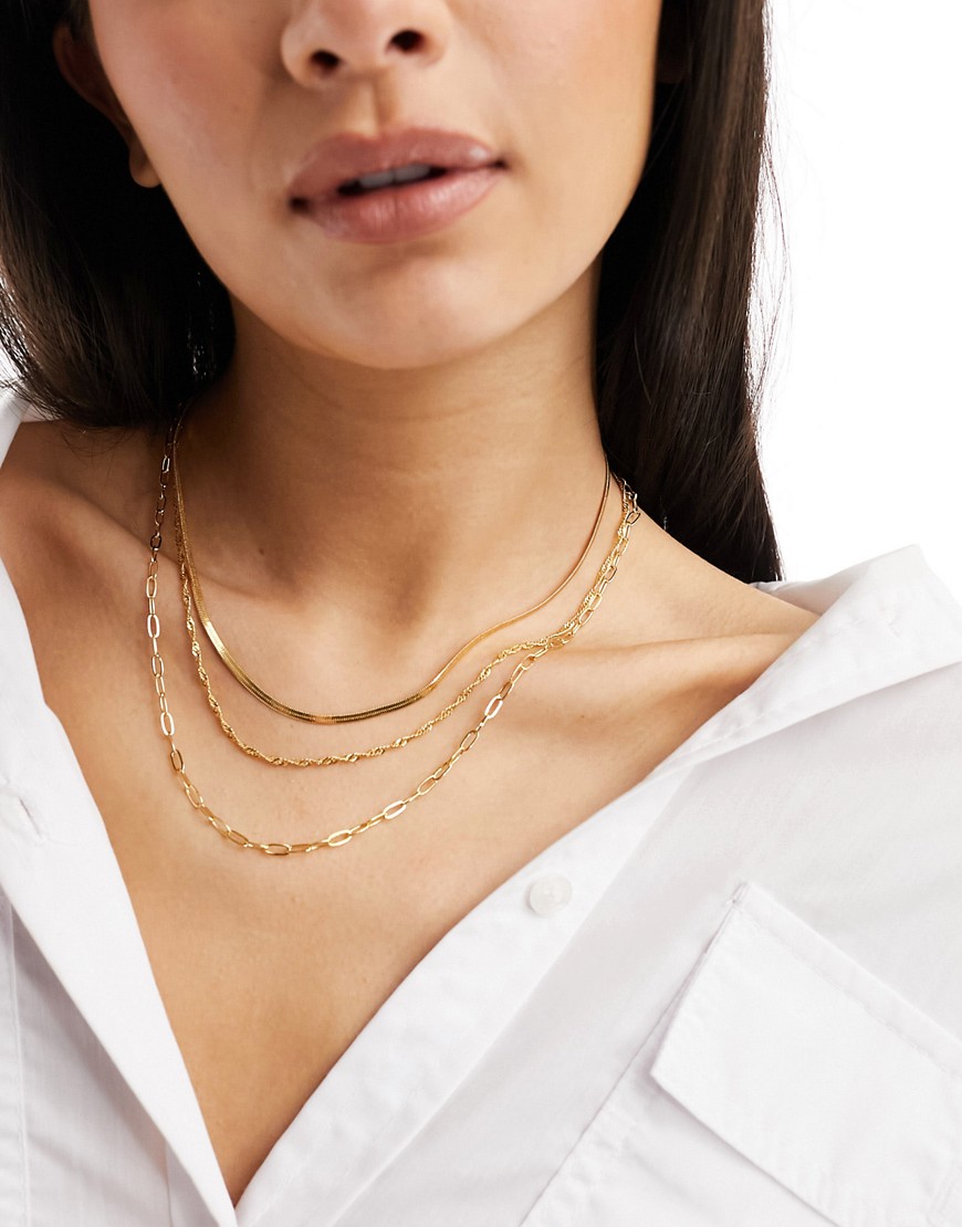 Asos Design 14k Gold Plated Pack Of 3 Necklaces With Mixed Chain Design