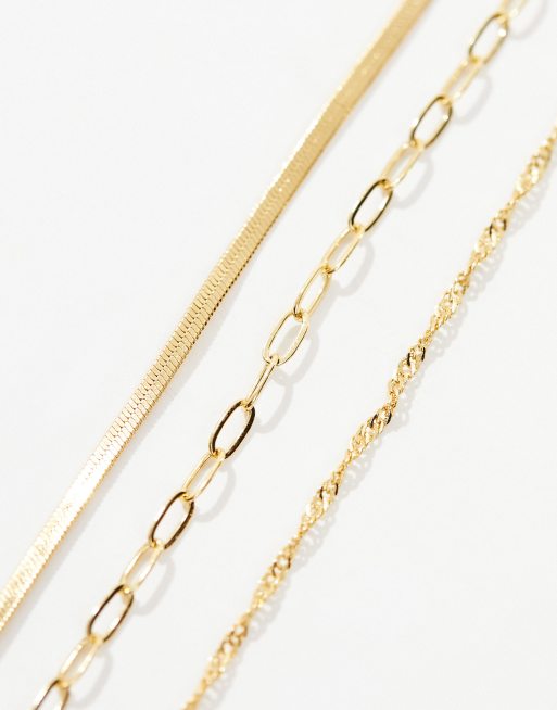 ASOS DESIGN 14k gold plated pack of 3 necklaces with mixed chain design, 2 of 4